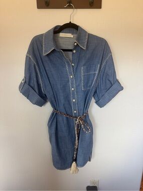 Zimmermann Blue Chambray Midi Shirt Dress with Braided Tassel Belt